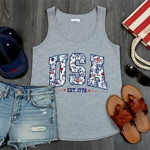 USA Floral 1776 Tank Top • Patriotic Red White Blue Sleeveless Shirt • Americana